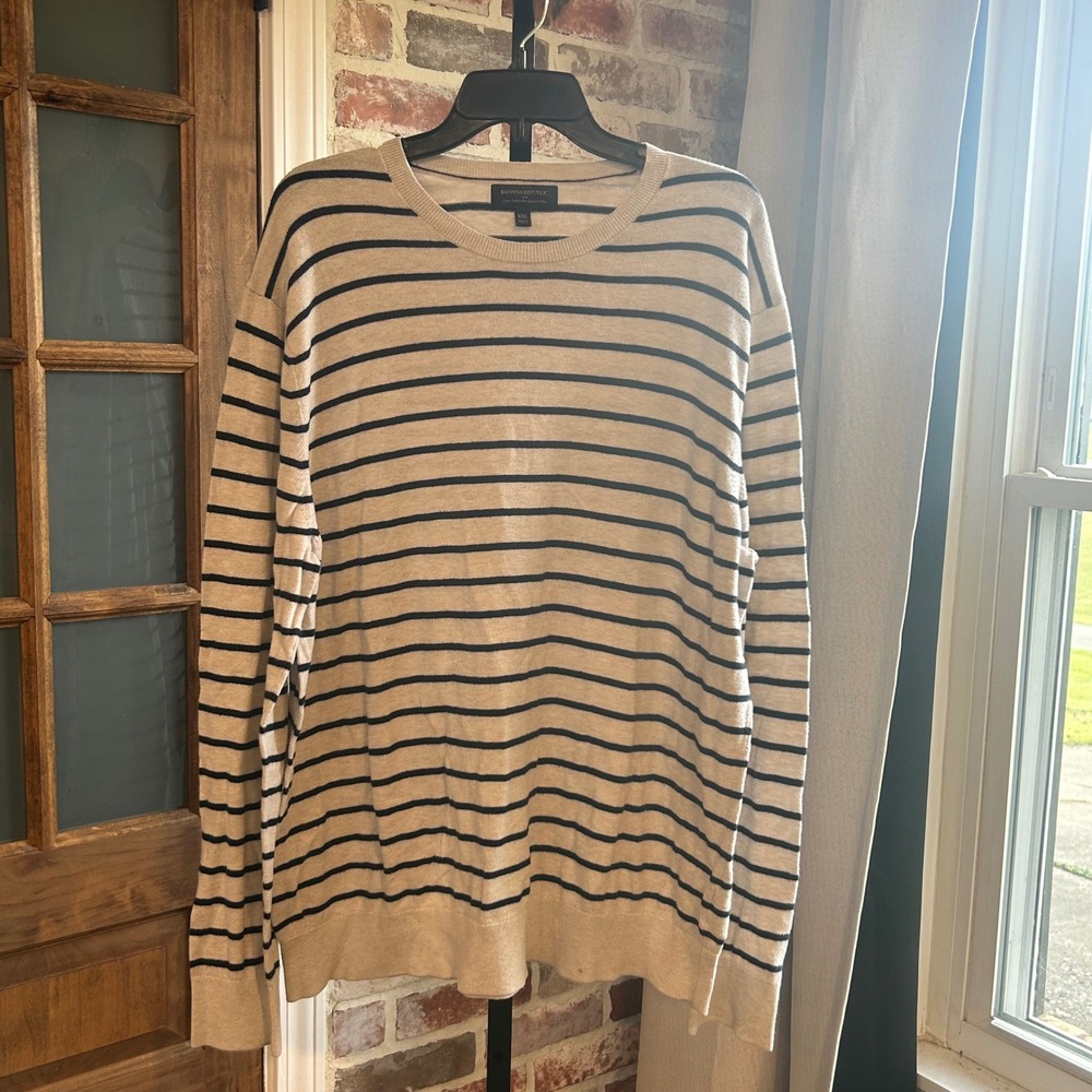 Banana Republic Sweater Men Beige Striped Luxe Cotton Blend Classic Nautical XXL
